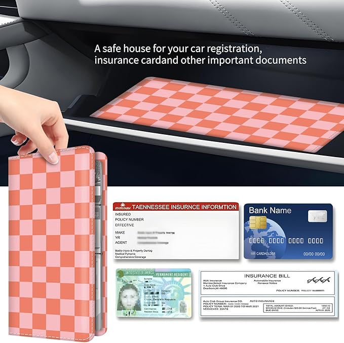BAUCIWLD Premium Car Registration and Insurance Card Holder, Cute PU Leather Car Document Holder, Vehicle Glove Box Car Organizer with Magnetic Closure for Driver License, Cards Red Checkerboard