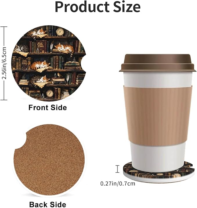 HUWAAI Cat Library Bookshelf Car Cup Holder Coasters 2 Pack Universal 2.63 Inch Anti Slip Ceramic Absorbent Coaster with Cork Base and Finger Notch Cute Car Accessories Interior for Women