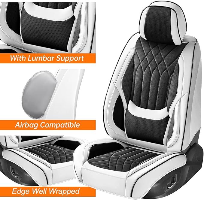 GEZHOUBA Black White Car Seat Covers Front Seats, Luxury Leather Automotive Seat Covers with Lumbar Support, White Car Inner Accessories Seat Protector Universal Fit for Most Cars Trucks Pick-ups SUVs