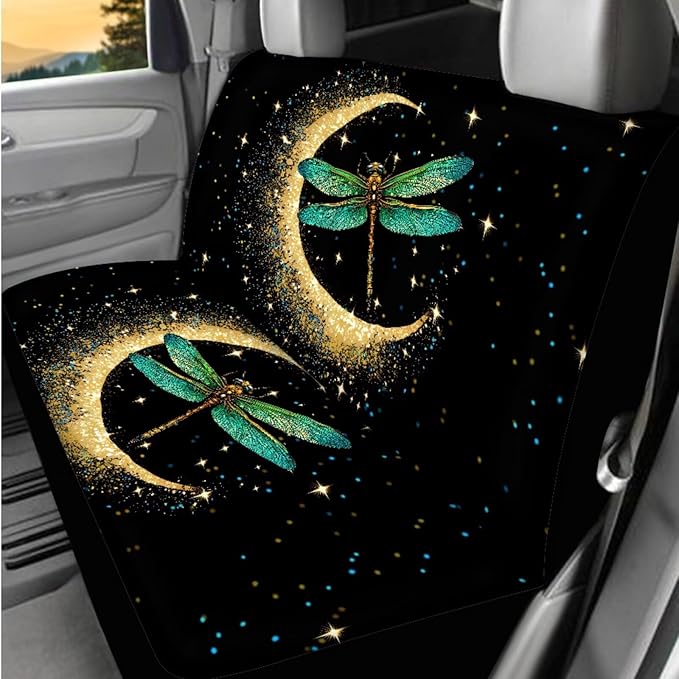 Dngkaoje Moon Dragonfly Car Seat Covers Full Set 13 Pcs Universal Car Interior Accessories Black Moon Dragonfly Steering Wheel Covers Armrest Pads Handbrake Gear Cover,Fit for Most Truck SUV