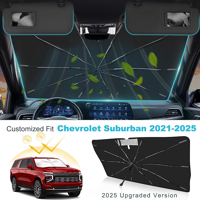 2025 Upgrade Windshield Sun Shade Umbrella Custom Fit for Chevrolet Suburban 2021-2025 Foldable UV Protection Car Cover, Emergency Rain Shield & Dashboard Protector - Durable Auto Accessory
