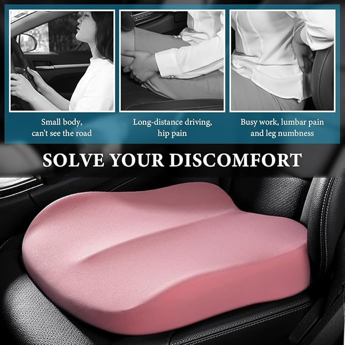 Car Seat Cushion, Comfort Ergonomic Memory Foam Seat Cushion for Tailbone Back Pain Relief, Breathable Car Cushion Suitable for Short People Driver to Get Better View (Pink)