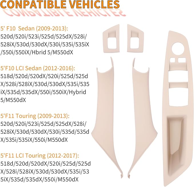 7pcs No-Remove Interior Door Pull Handle Sticky Cover for BMW 5 Series F10/F11 520,523,525,528,530,535 (2010-2016) Fits Driver & Passenger Side Window Switch Armrest Panel (Beige)