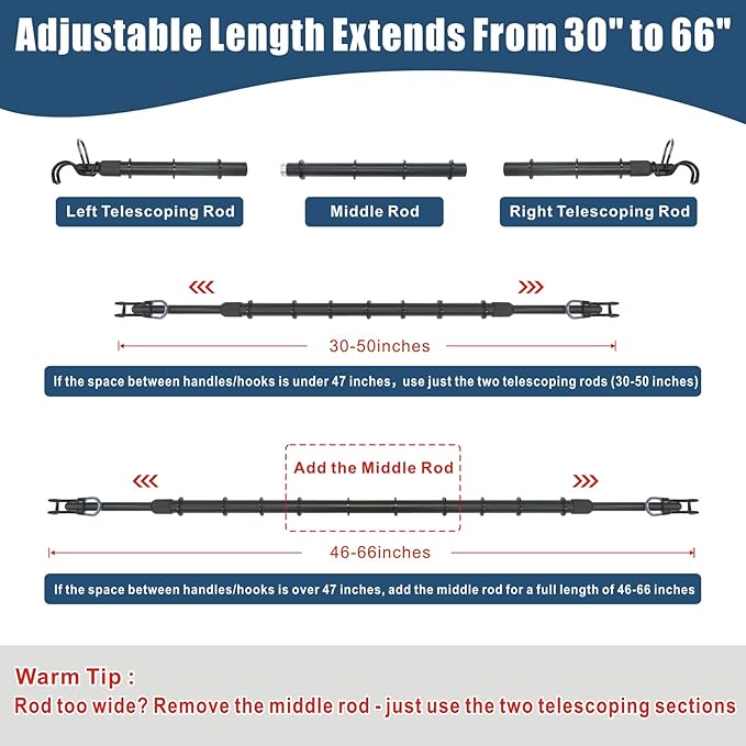Car Clothes Hanger Bar Heavy Duty Clothing Rod for Vehicle Adjustable Cloth Storage Organizers Automotive Travel Outdoor Hanging Drying Rack for Truck SUV(Extend from 30'' to 66''/Hold up to 120lbs)