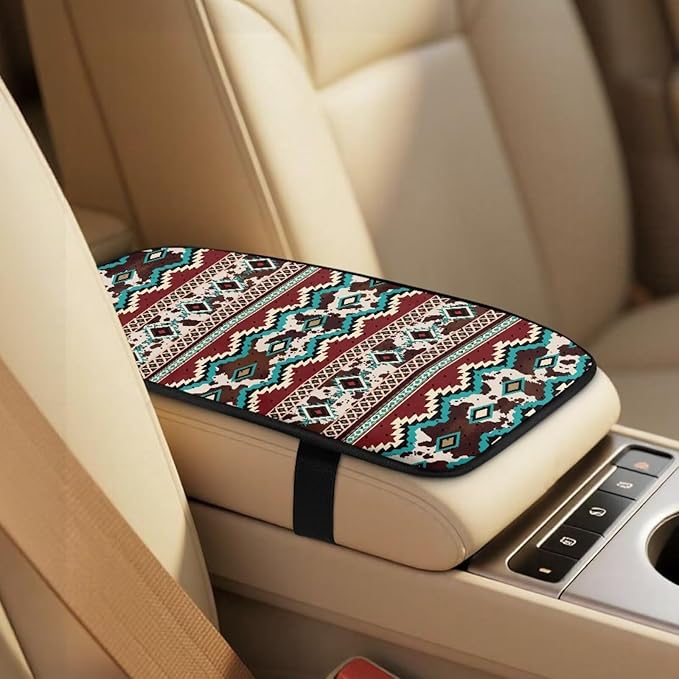 Qeluxign 5 Piece Car Seat Covers Full Set, Tribal Cow Print Front Seats Cover/Auto Seatbelt Shoulder Pads/Vehicle Center Console Armrest Cover, Universal Car Accessories Men Women Gifts