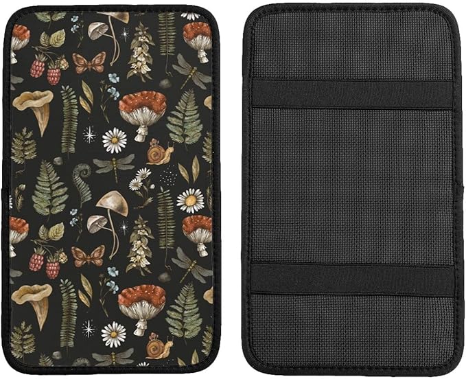 DORKEIXIA Vintage Magic Witch Mushroom Fern Witchcraft Auto Center Console Armrest Pad Universal Car Center Console Cover Seat Box Cover for Sedan, Van, SUV, Truck Car Accessorie