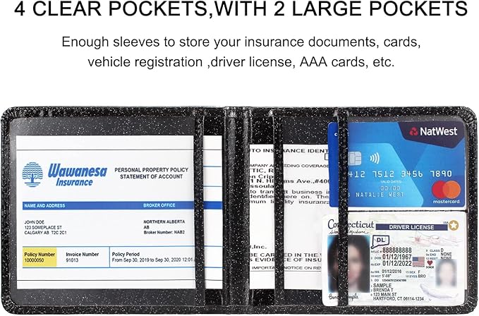 LumiMokki Car Registration and Insurance Holder, Leather Registration and Insurance Card Holder, Vehicle Glove Box Organizer - For Documents, Cards, License (Bling Black)