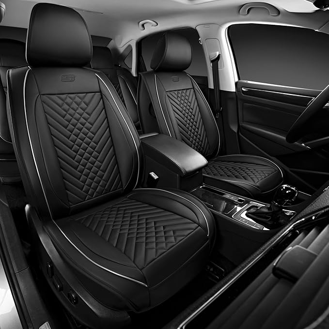 Skechers MAX Cushioning Car Seat Covers,Memory Foam Piping Leather Seat Covers,Waterproof Car Seat Protector Front Seats,Car Seat Cushion Airbag Universal Fit for Most Cars,Vans,Trucks,SUV,Grey