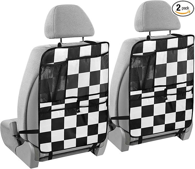 2 Pack Back Seat Car Organizer with Storage Pockets Kick Mats Back Seat Protector Hanging Car Organizer Automotive Seat Back Cover Organizers Checkered Black and White