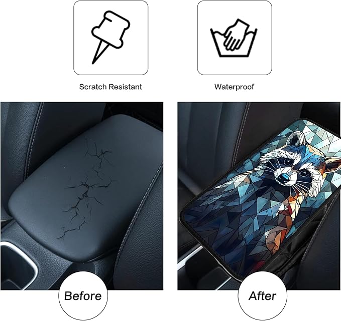 JANENFNA Car Armrest Cover Pads Universal Fashion Cute Auto Center Console Armrest Cover Pad with 2PCS Car Coasters Soft Waterproof Car Armrest Seat Protector for Women,Colored Glass Raccoon