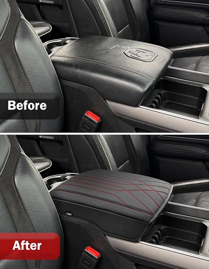 KBH Center Console Armrest Cover for 2019-2026 Dodge Ram 1500 2500 3500 5th Gen, Floor Console Bucket Seat, Arm Rest Cushion Pad Protector, Vinyl Leather, Black-Red Stitches