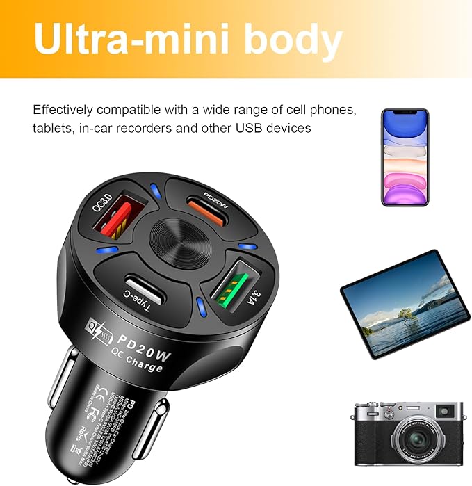 Augeny 4 Ports Car Fast Charging Charger Cigarette Lighter Adapter, Super Fast Auto Charging Cigarette Lighter Plug with QC 3.0, PD 20W, Type C, 3.1 A, Vehicle Phone Charger for Car SUV(Black)