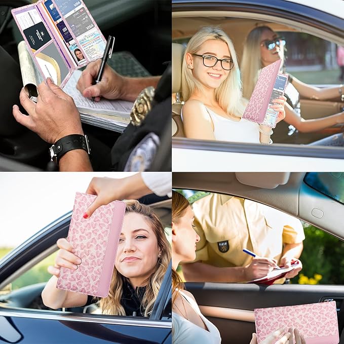 FinestHouse Car Registration and Insurance Holder with Magnetic Closure, Universal Document Organizer for License, Insurance Cards & Glove Box Storage (Heart-Pink)
