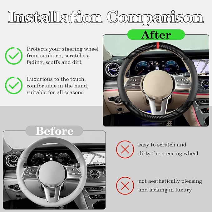 Black Carbon Fiber Leather Steering Wheel Cover, Microfiber Leather, Anti-Slip, Breathable, Universal Fit for 14.5–15 in Steering Wheel Cover for Men Women