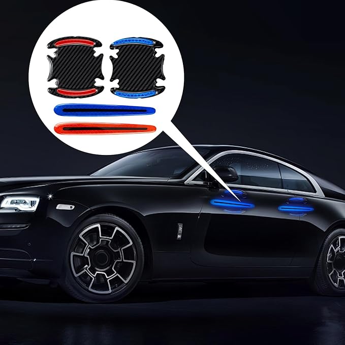 16Pcs 3D Car Door Handle Scratch Protector Sticker,Carbon Fiber Reflective Door Cup Guard,Red&Blue Exterior Car Accessories,Universal Anti-Scratch Guard Stickers Universal for Most Car Handle