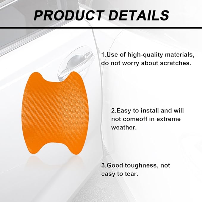 Kewucn 4PCS Car Door Handle Sticker, Carbon Fiber Auto Door Side Handle Protective Films, Anti-Scratch Vehicle Door Cup Protector, Universal Exterior Accessories for Most Cars (Orange)