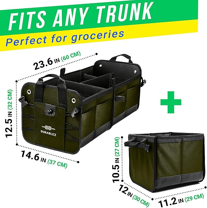 DURABLEZ Heavy Duty 3-Section Trunk Organizer – Extra Large Collapsible & Foldable Cargo Box, Modular Car Storage System for SUV, Truck, Van – Green