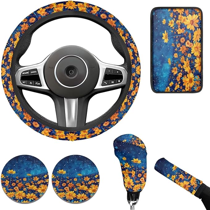 Daisy Print Car 6 PCS Set Steering Wheel Cover Women Yellow Daisy Handbrake Gear Cover Car Interior Accessories for Men Women