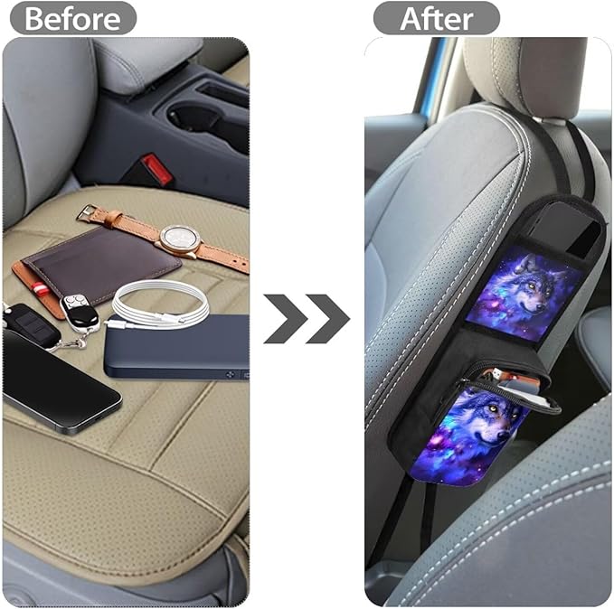 Galaxy Wolf Car Seat Storage Hanging Bag Front Seat Side Organizer Bag for Mobile Phone Sunglasses Holder Multi Pocket Car Organization Accessories