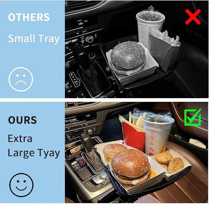 Larger Cup Holder Tray, 10 inch Car Food Tray for Eating, Detachable 3 in 1 Car Cup Holder Expander and 360° Rotating Car Cup Holder Tray Table with Phone Holder, Road Trip Essentials