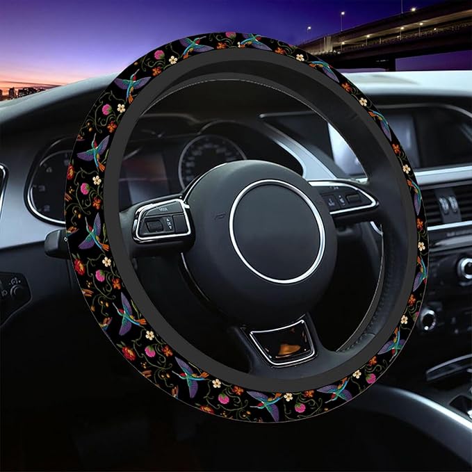 Swono Hummingbirds and Flower Car Steering Wheel Covers for Men Women,Hummingbirds Flowers Embroidery Car Accessories Decor 15" Steering Wheel Cushions Comfort Grip Neoprene Stretch-On Anti-Slip Case