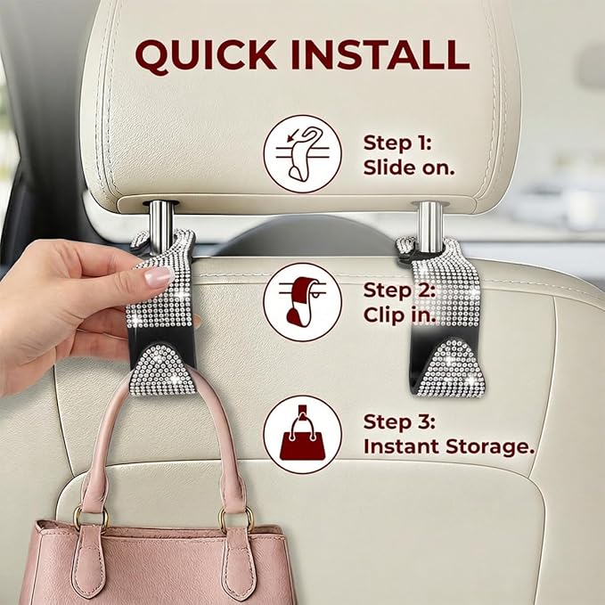 4PCS Bling Car Seat Headrest Hooks, Crystal Rhinestone Vehicle Back Seat Hanger Holder, Auto Interior Headrest Hanging Storage Organizer for Purse Handbag Coat, Universal Fit (Pink)