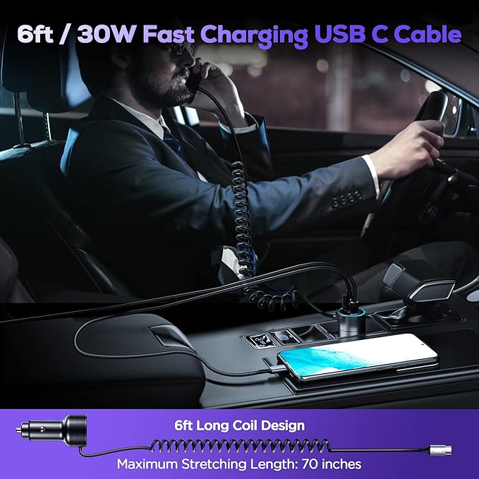 Car Charger USB C, 75W Metal 3-Port Super Fast Car Charger Adapter PD & QC3.0 Built-in 6ft Type C Coiled Cable for Samsung Galaxy S22/21 iPhone iPad Pro Pixel Android Phones