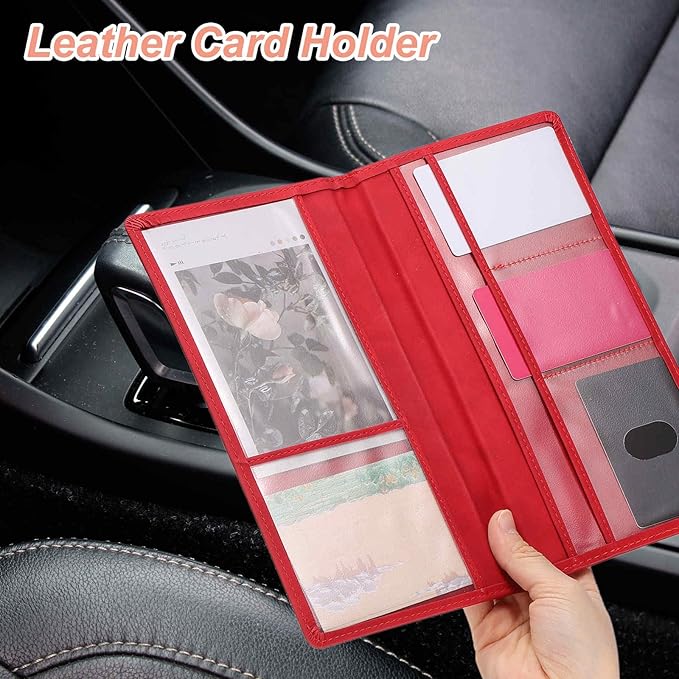 HARFINGTON Car Registration and Insurance Holder 9.65" x 4.92" PU Leather Vehicle Glove Box Organizer Storage Accessories Men Women Car ID Holder for License ID Cards Bank Cards, Pink