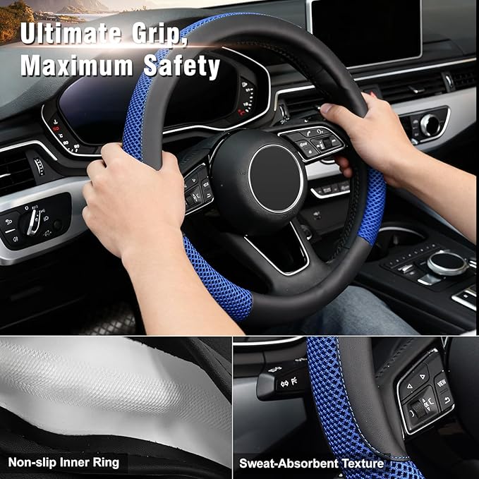 KAFEEK Steering Wheel Cover, Universal 15 inch, Microfiber Leather Viscose, Breathable, Anti-Slip,Warm in Winter and Cool in Summer, Black&Blue