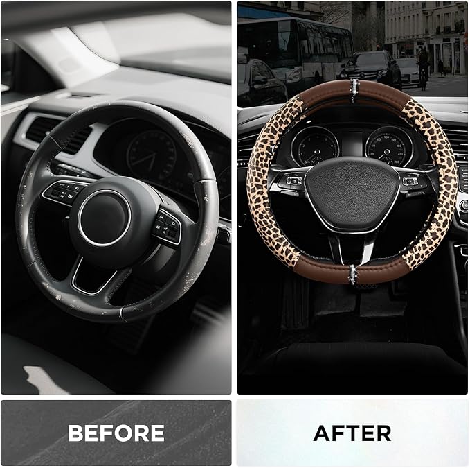 Road Comforts Leopard Steering Wheel Cover - Made with PVC Leather Cheetah Print, D-Shaped Automotive Steering Wheels - Anti-Slip, Universal Fit 14 1/2 inches to 15 inches - Brown