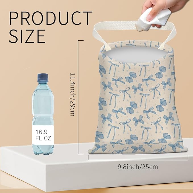 BEAKND Hanging Car Garbage Bag, Cute Car Trash Can Bag, Automotive Accessories for Women Men Watercolor Blue Bow