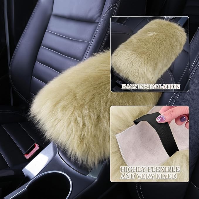 Frienda Furry Armrest Cover Auto Center Console Cover Car Soft Console Pad, Real Sheepskin Wool Soft Fluffy Auto Center Armrest Pad for Most Car Decoration Protector (Champagne)