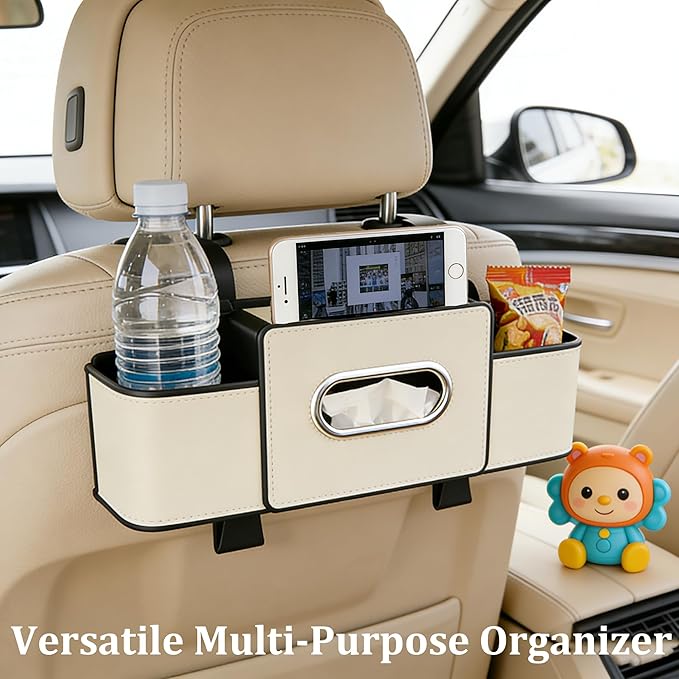 Car Organizers and Storage Box, Multifunctional Car Seat Back Storage Box with Tissue and Hook for Hold Phone Water Cup Handbag, Fits Most Vehicles (Beige,1PCS)
