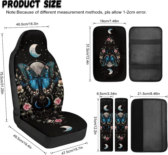 Qeluxign PU Leather Car Seat Cover Butterfly Moon Floral Set of 5 Auto Accessories 2 Front Bucket Seat Covers, 2 Seatbelt Pads & 1 Armrest Cover, Easy to Install
