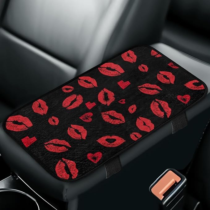 CLOHOMIN Red Kiss Lips Car Center Console Cover Fashion Car Arm Rest Cushion Flannel Auto Console Covers Fluffy Armrest Cover Auto Accessories for Most SUV Van Truck