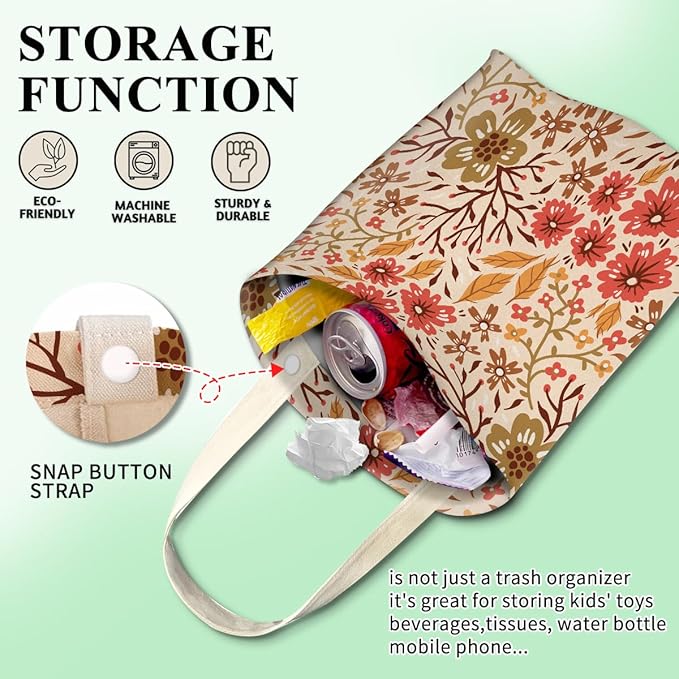 ABUIFDK Car Trash Can, Cute Car Trash Bag, Hanging Car Organizer and Storage Bag, Trash Bin for Car Accessories, Vehicle, Travelling, Camping Boho Floral