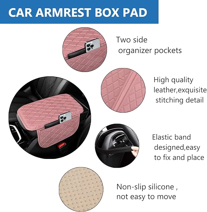 Center Console Cover Universal Armrest Cover with 2 Storage Bags Leather Car Middle Console Cover Arm Rest Cover for Car Interior Accessories Protector for Most Vehicle
