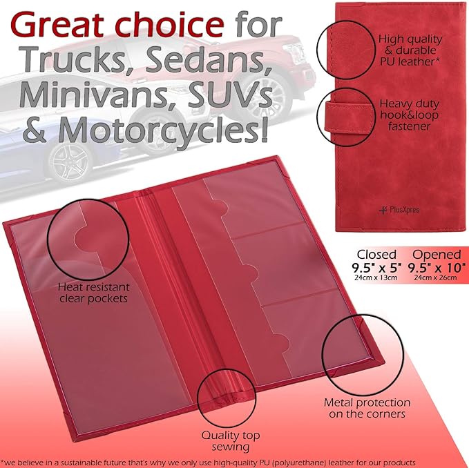 Auto Insurance and Registration Card Holder - Vehicle Glove Box Document Organizer - Car Essential Paperwork Holder for DMV, AAA, Contact Information Cards - Premium PU Leather Wallet Case - Red
