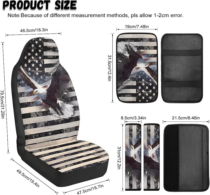 Oramclsy American Flag 5 Pack Auto Accessories Set Eagle Car Seat Covers Full Set + Heavy Duty Armrest Pad + Car Seat Belt Pads Universal Size Accessories