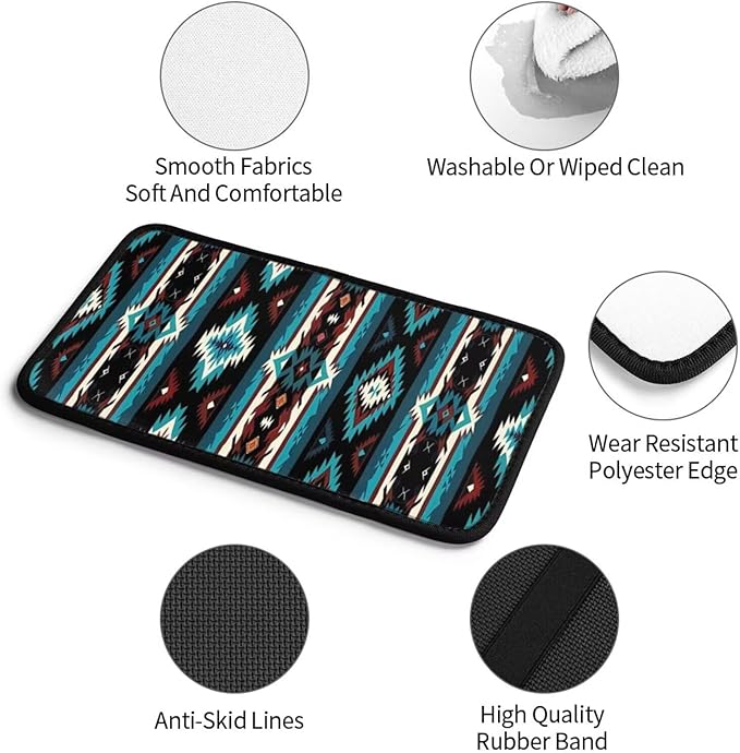 Car Center Console Cushion Pad Aztec Boho Armrest Seat Box Cover Protector Native American Armrest Pads Western Turquoise Stripe Car Decor Accessories for Sedans Vans Truck Vehicles SUV