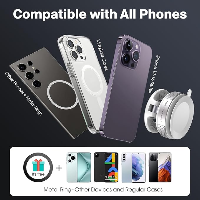 Jikasho Vacuum Magnetic Suction Phone Holder, Foldable and Retractable Hands-Free Suction Cup Phone Mount for Car/Gym/Mirror/Smooth Surface, Compatible with iPhone Android and All Smartphones (White)