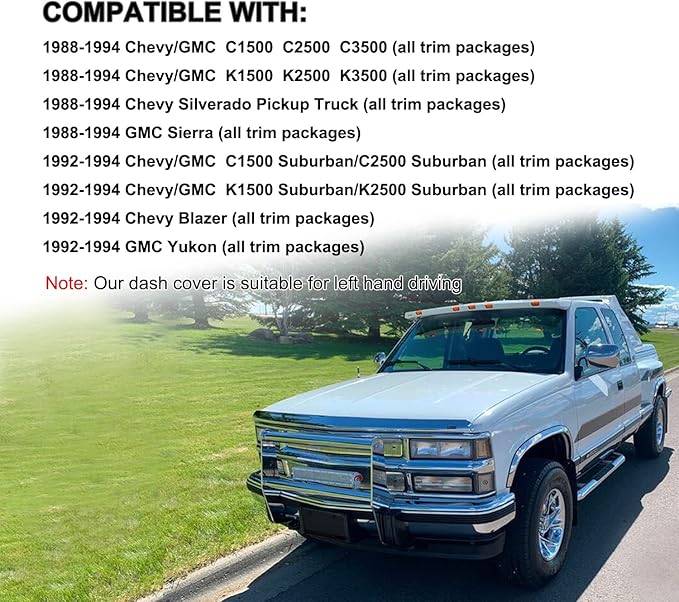 Dash Cover Mat for Chevy Chevrolet Silverado/GMC Sierra C1500 C2500 C3500 K1500 K2500 K3500 Pickup Truck 1988-1994, 1992-94 GMC Yukon/Chevy Blazer Suburban Dashboard Pad Carpet(88-94 Dark Gray) Y25