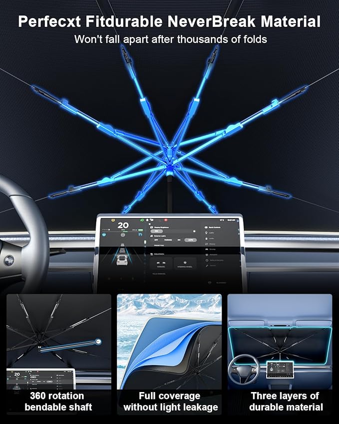 helloleiboo [2025 Upgraded] Car Windshield Sun Shade Umbrella 53"x 30" Windshield Sun Shade Foldable 5-Layer Thickened Vinyl Coating Reflective Polyester Blocks Heat & UV Rays for Small Car