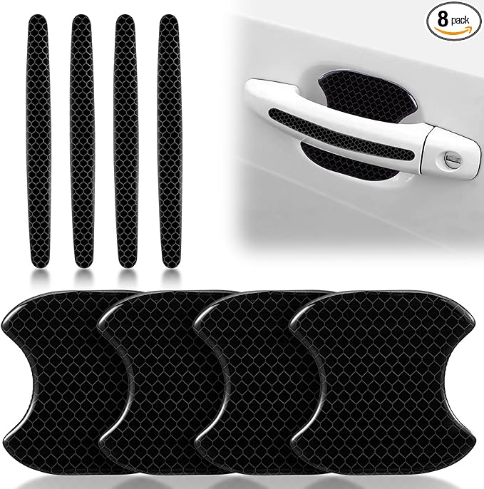 8PCS Car Door Handle Scratch Protector, Reflective Carbon Fiber Film Car Door Handle Protector, Self-Adhesive Anti-Scratch Guard, Universal Fit for Cars, Trucks, RVs, Automotive Bowl Sticker (Black)
