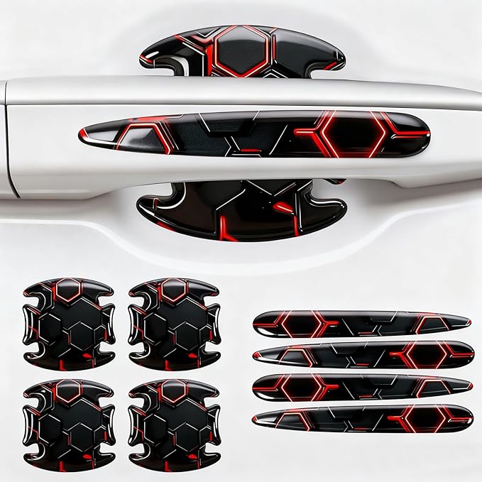 JRSMBCG 8PCS Car Door Handle Scratch Protectors,3D Patterned-Marking，Anti Scratch, Automotive Door Handle Paint Protective Film Cover Accessories, Universal for Most Cars (Black-Red)