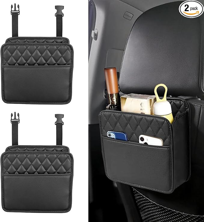 2 Pcs PU Leather Behind Seat Car Organizer, Multipurpose Hanging Bag Pocket for Most Cars (Black)
