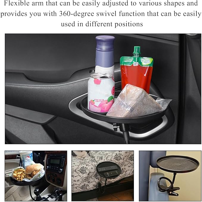 Adjustable Food Tray for Car, 360° Swivel Non-Slip Car Drink Cup Snack Table Clip Type Dining Trays, 8.7 Inch Rotating Food Table Folding Storage Tray for Most Vehicles