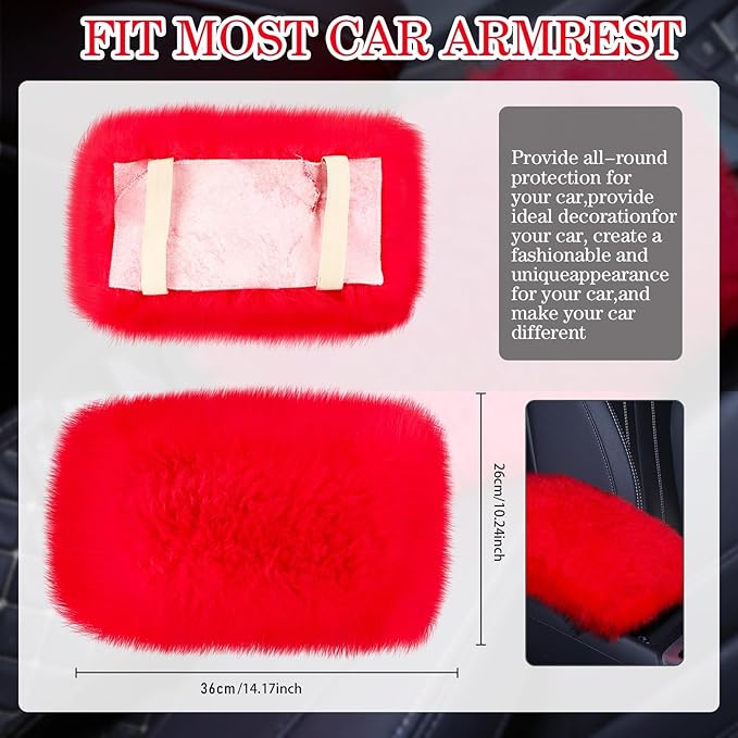 Frienda Furry Armrest Cover Auto Center Console Cover Car Soft Console Pad, Real Sheepskin Wool Soft Fluffy Auto Center Armrest Pad for Most Car Decoration Protector(Red)