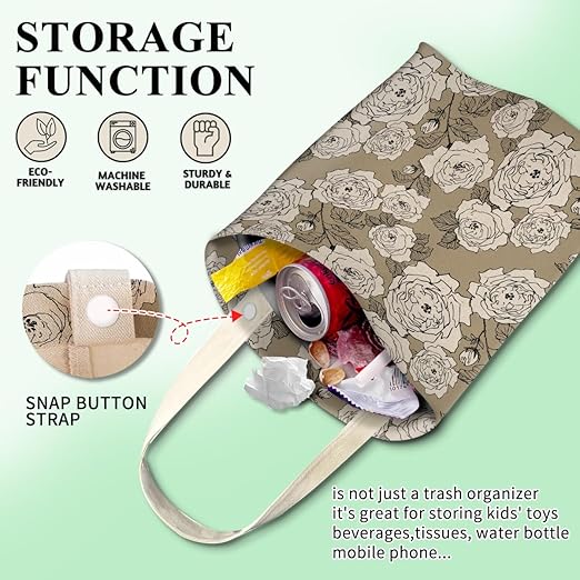 Car Trash Can, Cute Car Trash Bag, Hanging Car Organizer and Storage Bag, Trash Bin for Car Accessories, Vehicle, Travelling, Camping Vintage White Flower