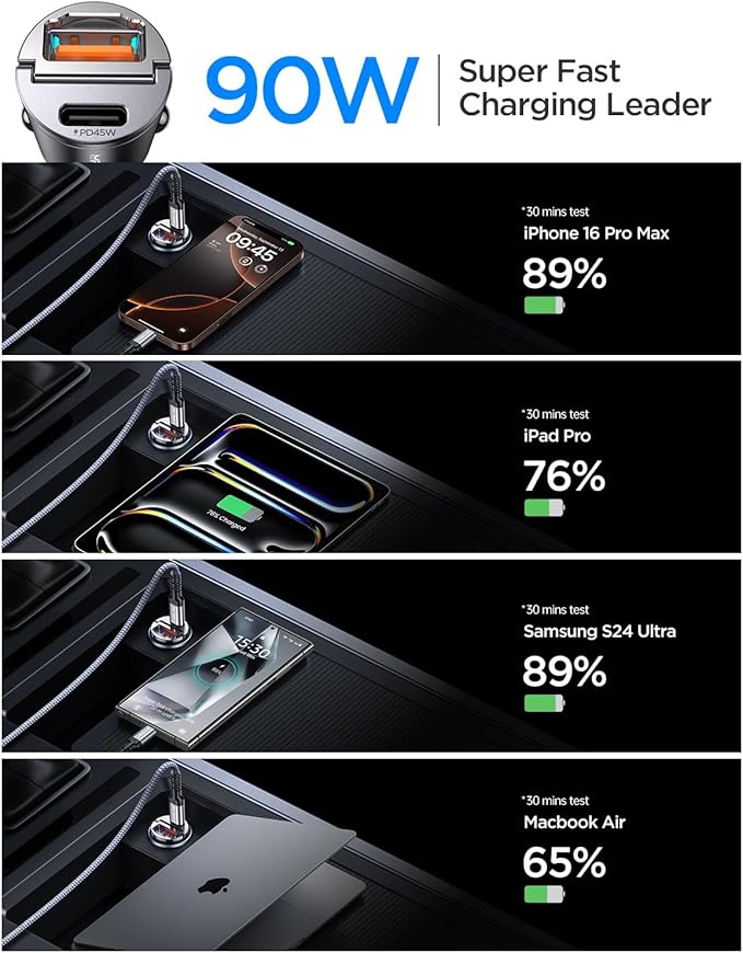 MRGLAS 2-Pack 90W USB C Car Charger,[Super Mini Metal] Car Charger Fast Charging Adapter PD+QC3.0 Dual Port Type C Car Cigarette Lighter USB Compatible iPhone 17 Air 16 15 Pro Max iPad Samsung S25